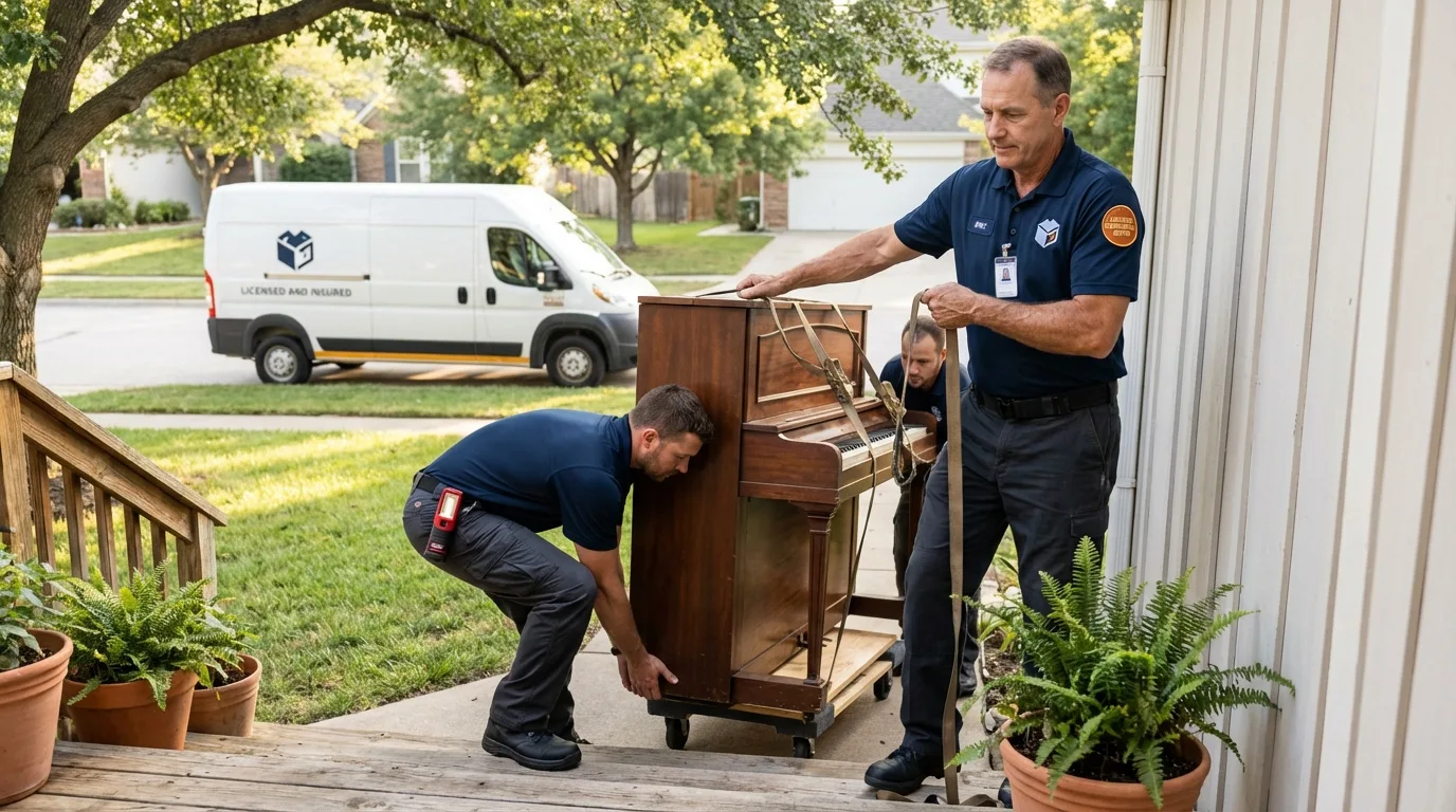Licensed piano movers securing grand piano in Zimmerman, MN