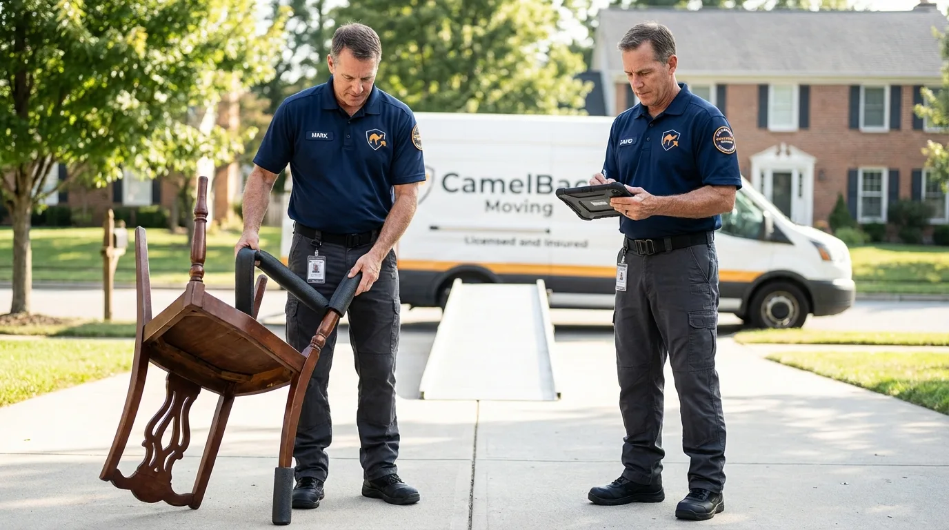 Movers inspecting furniture for damage prevention before loading in Zimmerman, MN