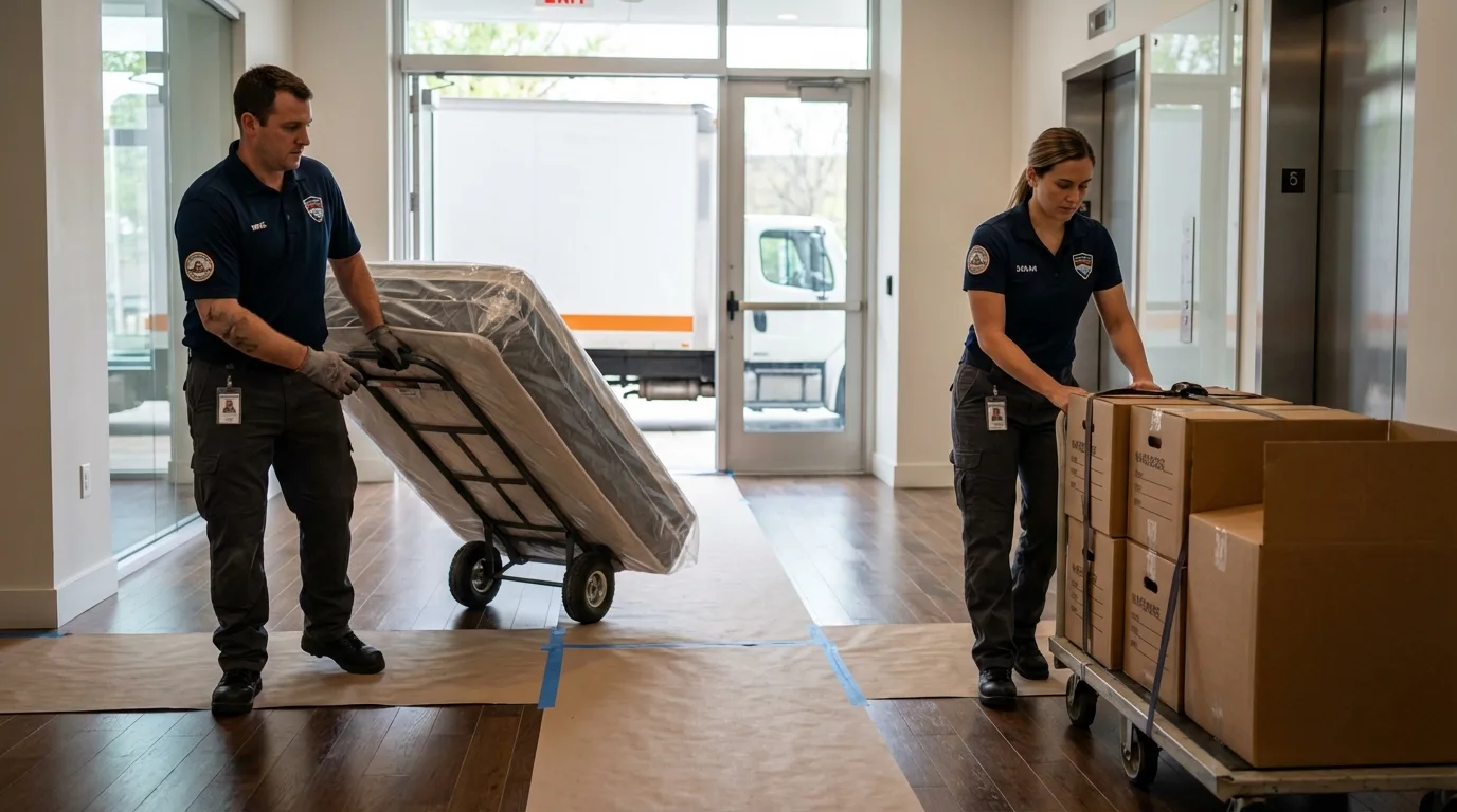 Professional apartment movers loading elevator in Zimmerman, MN